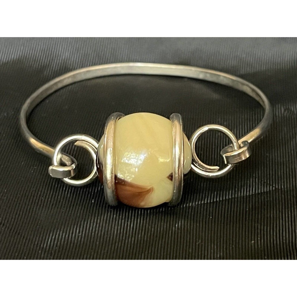 Vintage Artisan Agate Bangle Bracelet With Clasp Silver Tone 3/4" wide